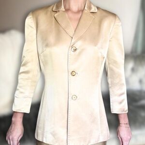 Vintage Silk Champagne Pant Suit Set Gold Blazer Workwear  Med